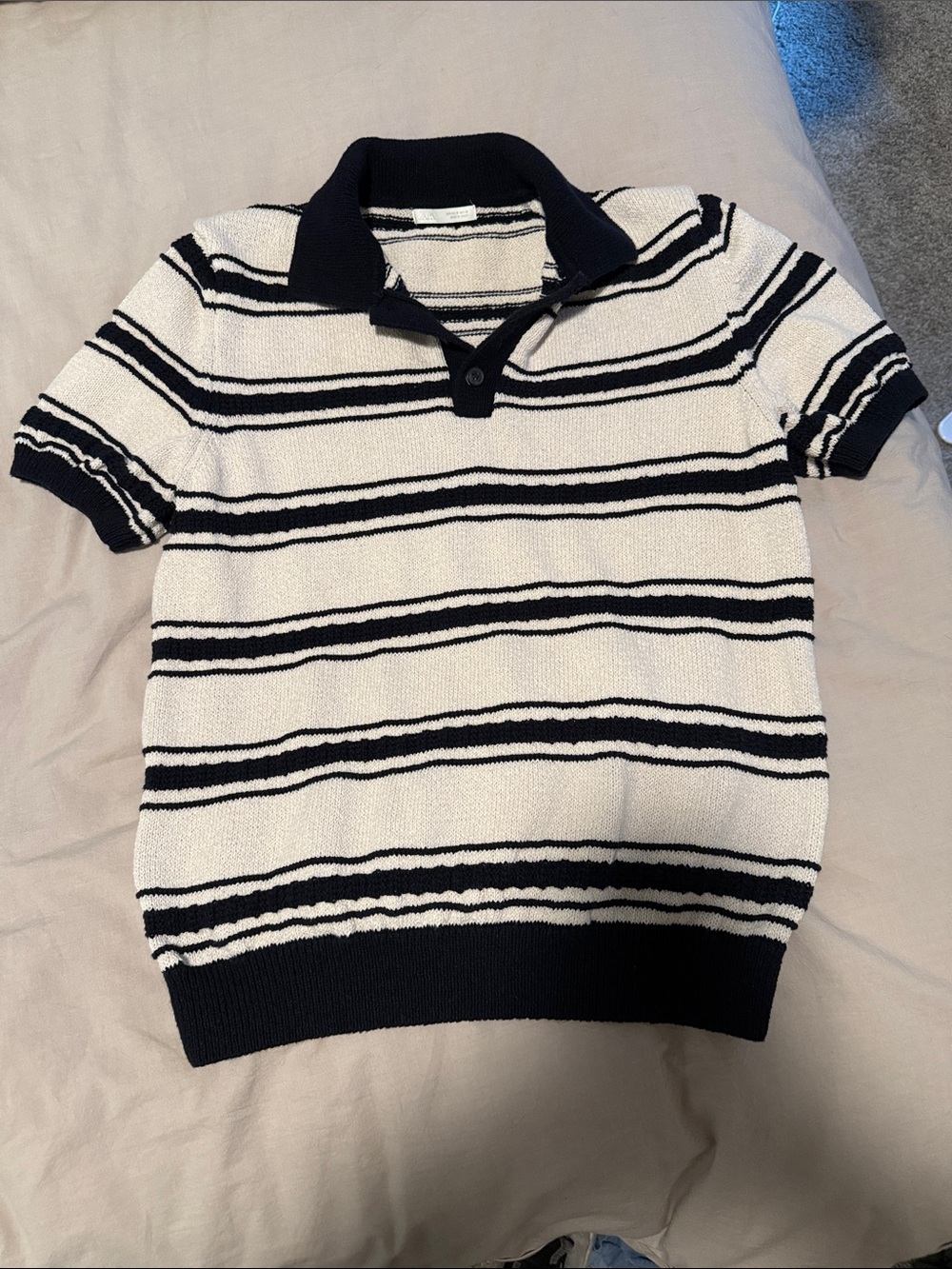 Men's Short-Sleeve Striped Polo Sweater - Navy & White - Zara